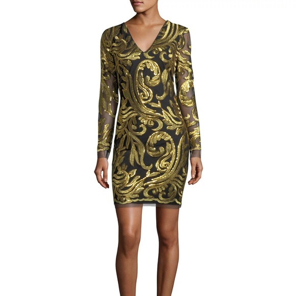 Alexia Admor New DRESS Sequin Embroidered Long Sleeves Sheath Black Mesh Gold S - Picture 1 of 7